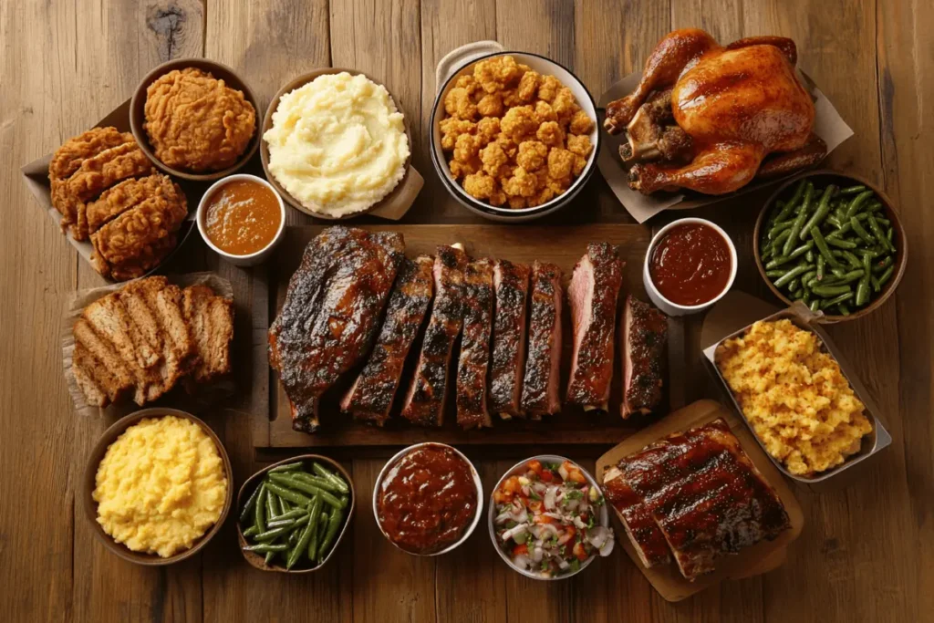 American cuisine main course variety on a wooden table