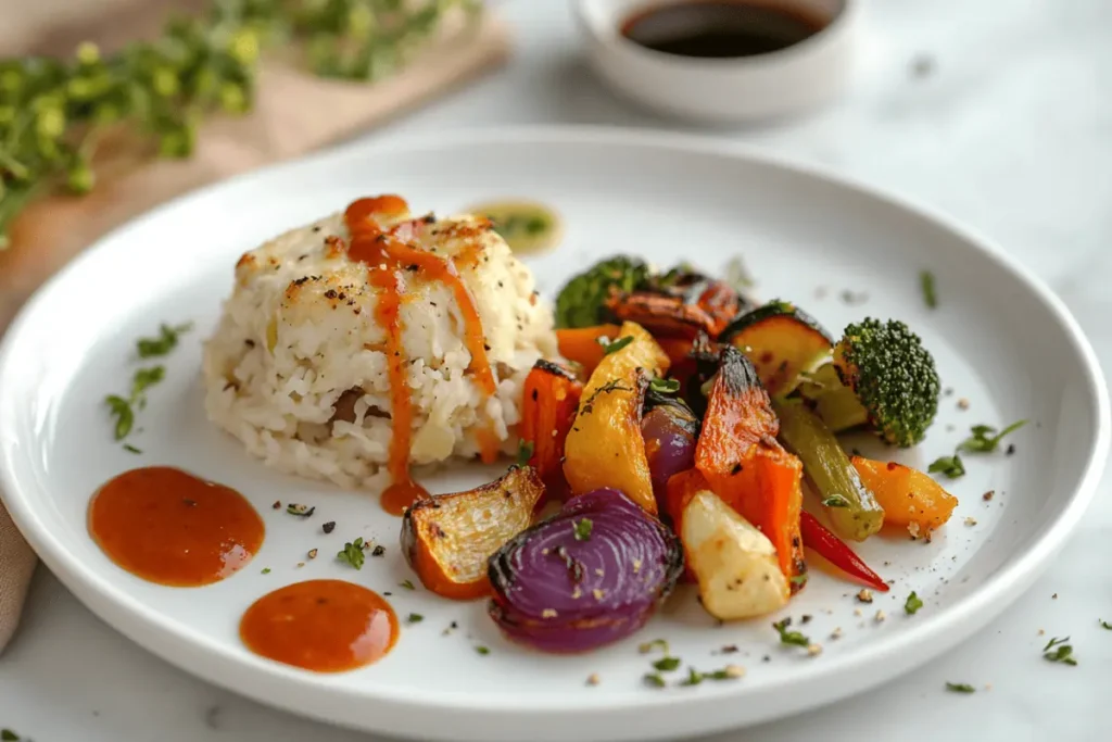 random recipe meal plated with colorful vegetables