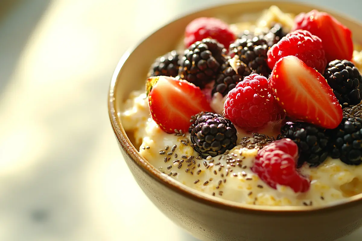 A bowl of oatmeal topped with fresh berries showcasing healthy breakfast ideas