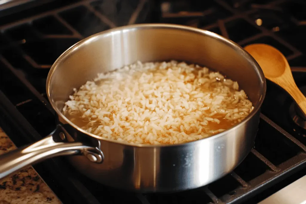 chicken flavored rice recipe simmering in pot