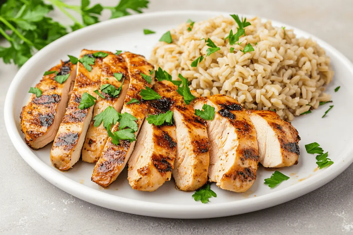 chicken and brown rice plated meal