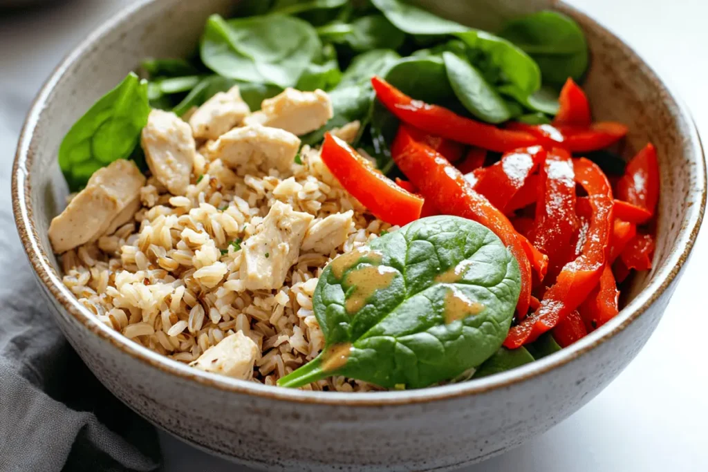 brown rice chicken rice bowl with vegetables