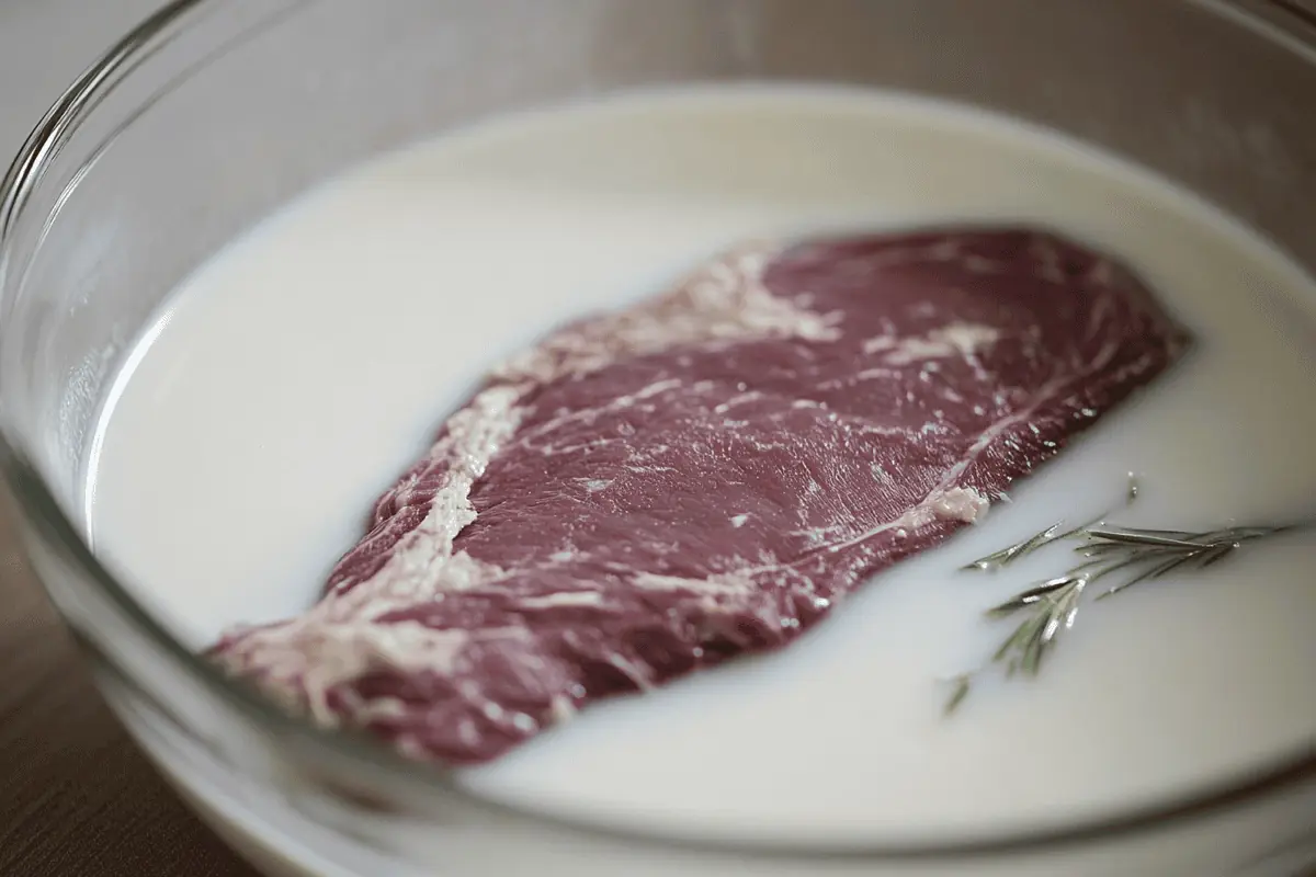 Close-up of a deer backstrap submerged in a glass bowl of milk, with soft lighting highlighting the textures.