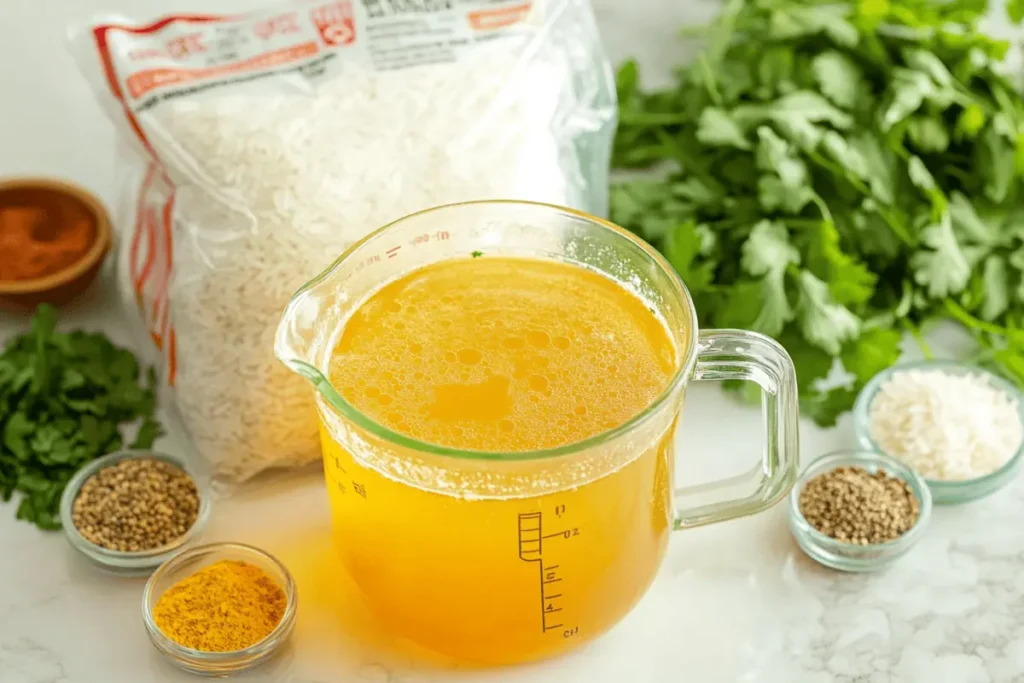 chicken stock rice ingredients on kitchen counter