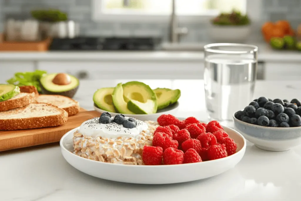 Balanced breakfast with oatmeal, berries, and Greek yogurt for weight loss