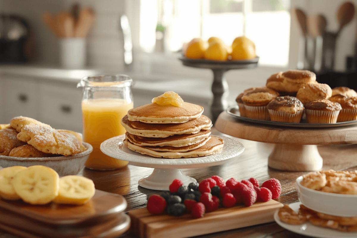 Assorted sweet breakfast items including pancakes, muffins, and fruit.