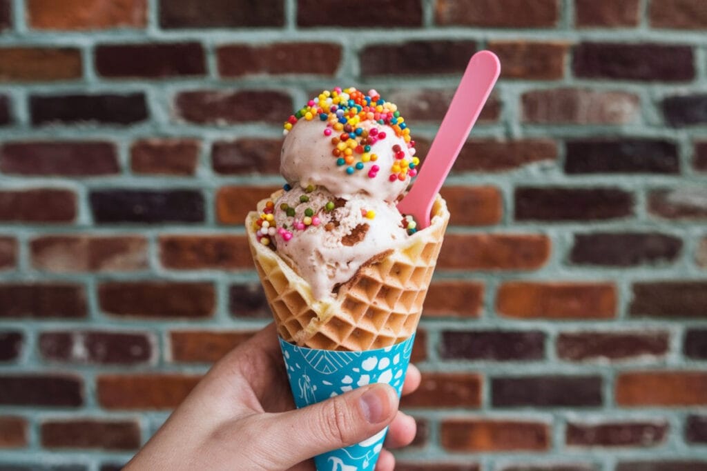 Bubble waffle with ice cream and toppings