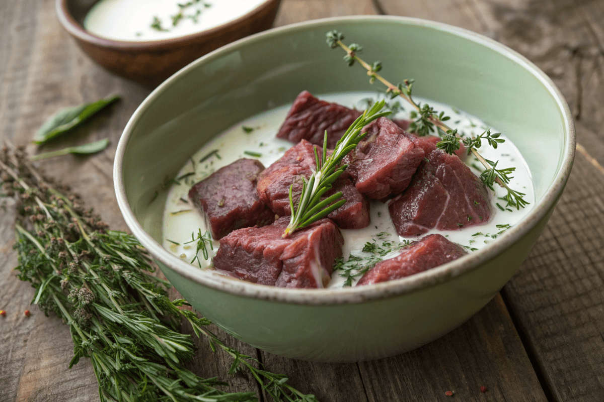 Venison soaking in a bowl of buttermilk with herbs