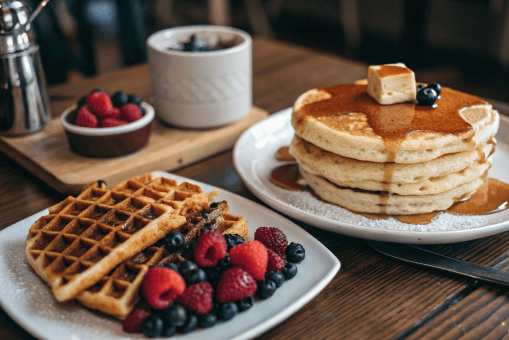 A stack of fluffy pancakes and a plate of crispy waffles side by side