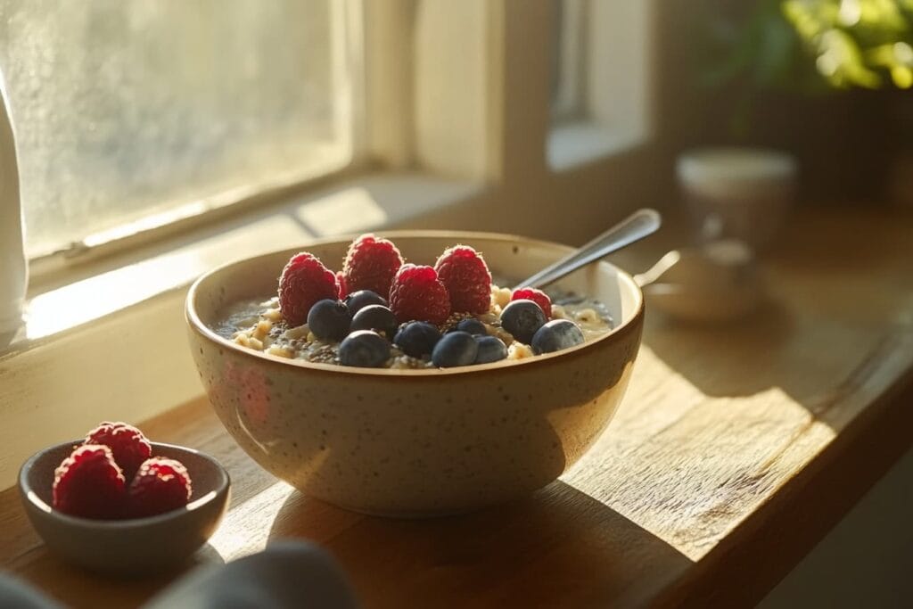 A creamy gluten-free oatmeal bowl with berries for breakfast