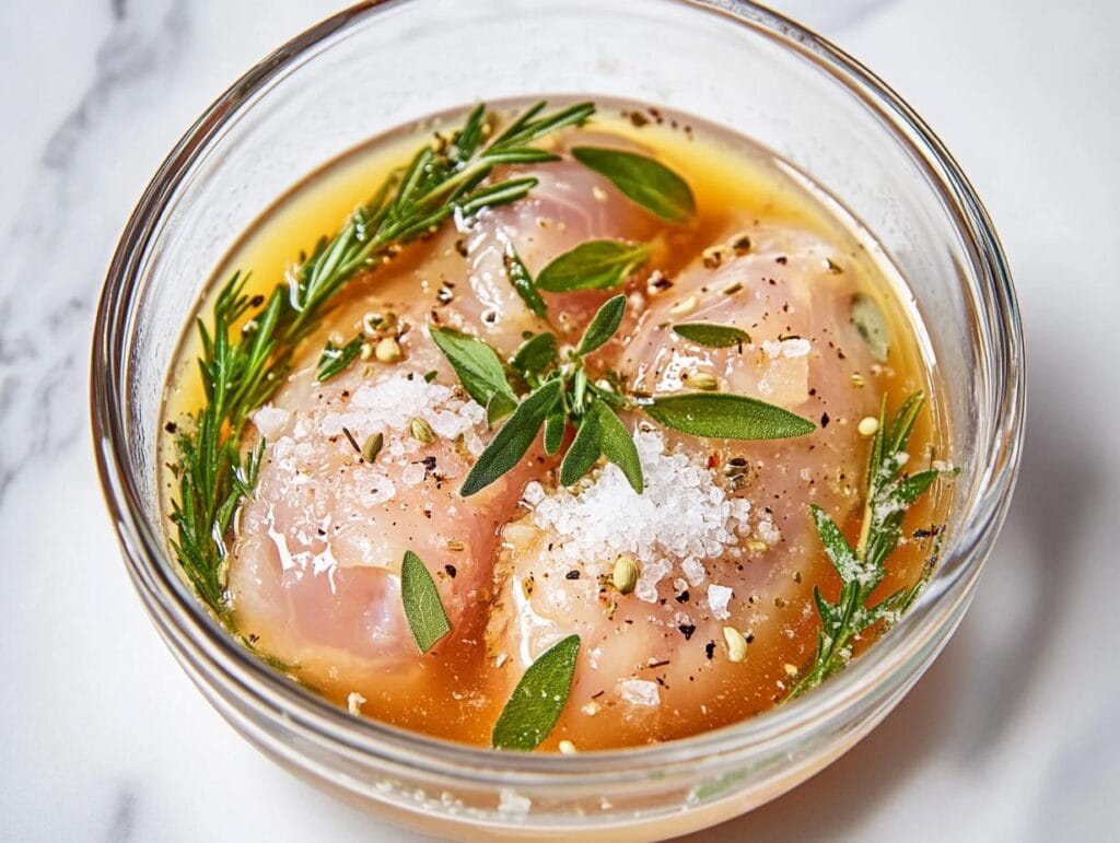 Raw chicken being brined in a glass bowl with salt and herbs