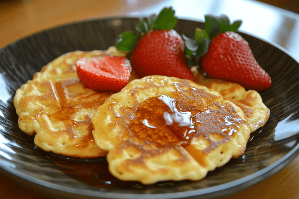 A plate of golden-brown waffles made from pancake mix, served with syrup and fresh strawberries