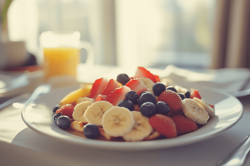 Fresh fruit on waffles for a healthy breakfast