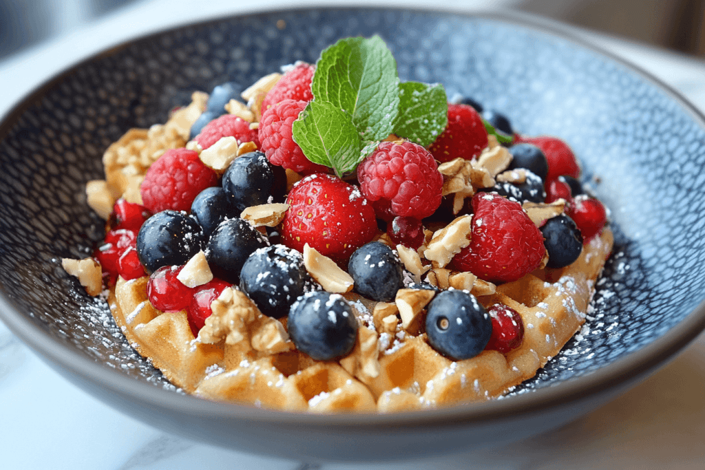 Healthy waffles topped with fresh berries and nuts