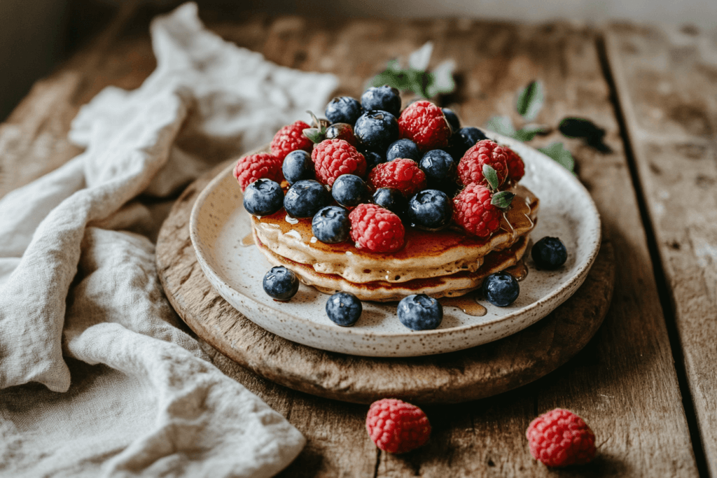 Fluffy pancakes with fresh berries on a plate