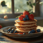 A stack of pancakes with syrup and fresh berries