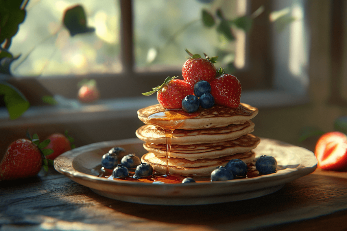 A stack of pancakes with syrup and fresh berries