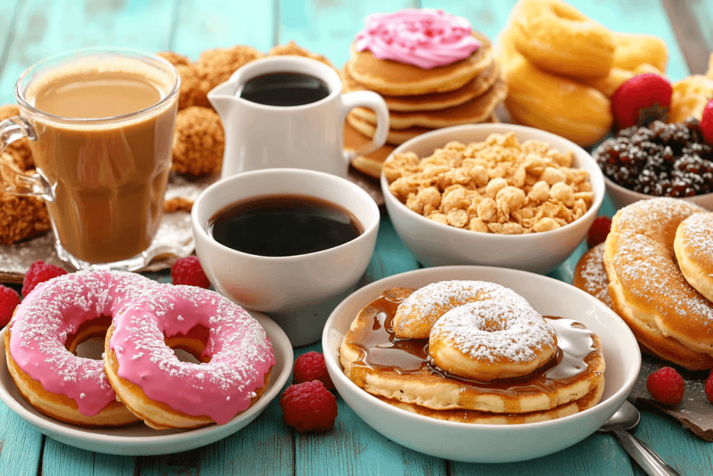 A selection of sugary breakfast foods on a table.