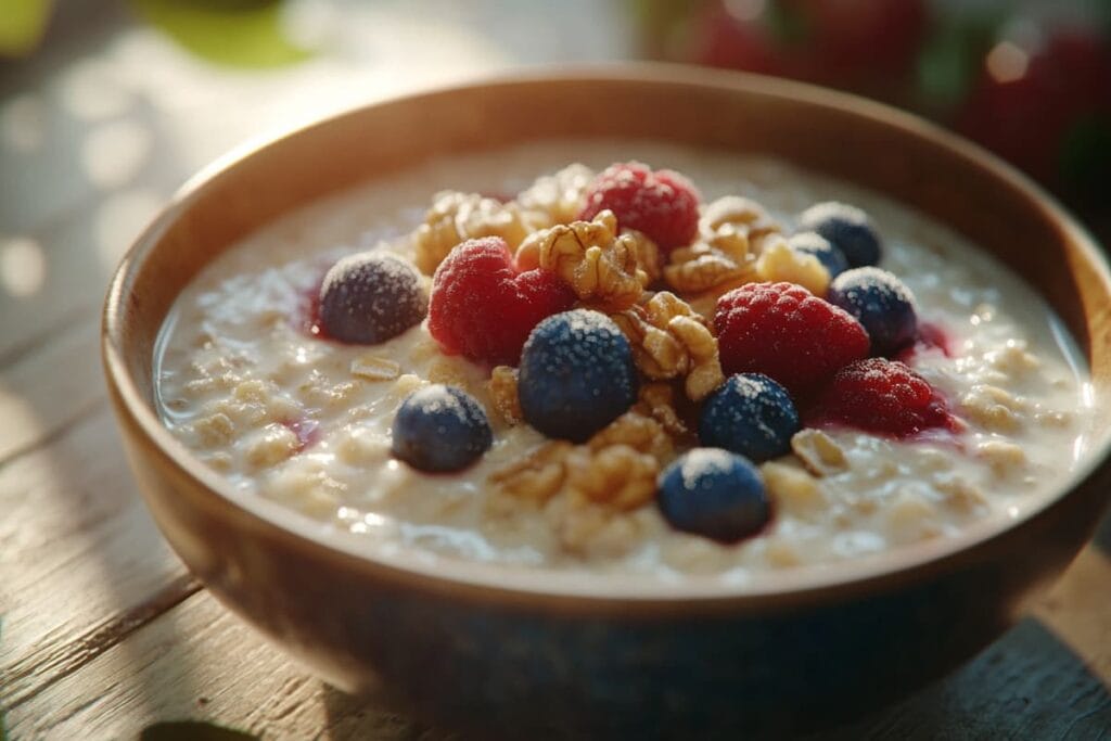 Oatmeal bowl topped with berries and nuts - what are 5 healthy breakfasts?