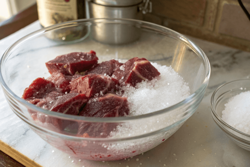 Deer meat soaking in salt water in a glass bowl