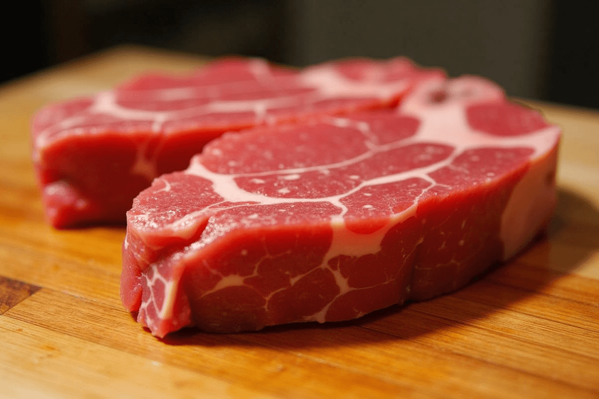 Raw beef ribeye steak on a wooden board.