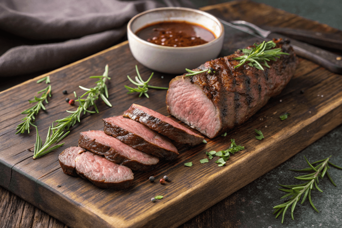 Grilled venison backstrap slices on a wooden board