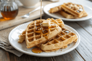 Freshly cooked waffles on a plate with syrup and butter