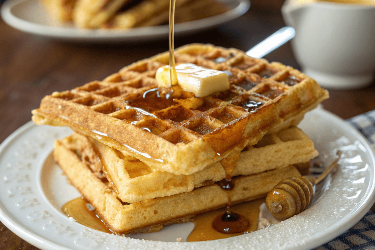 A stack of crispy golden waffles topped with butter and syrup.