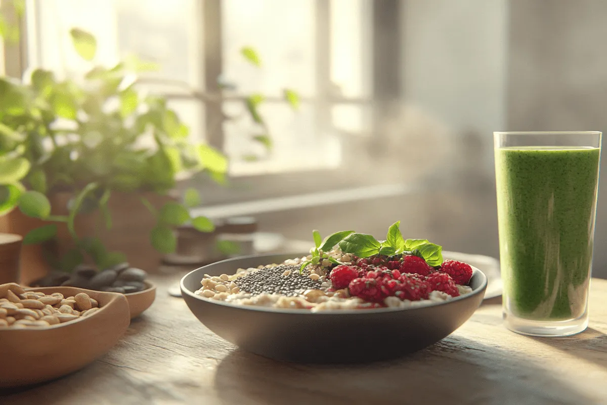 Gluten free healthy breakfast spread with oatmeal, berries, and a green smoothie