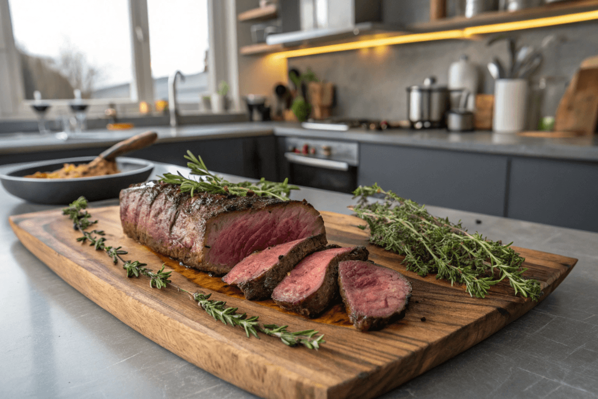 Venison backstrap garnished with fresh herbs on a wooden cutting board