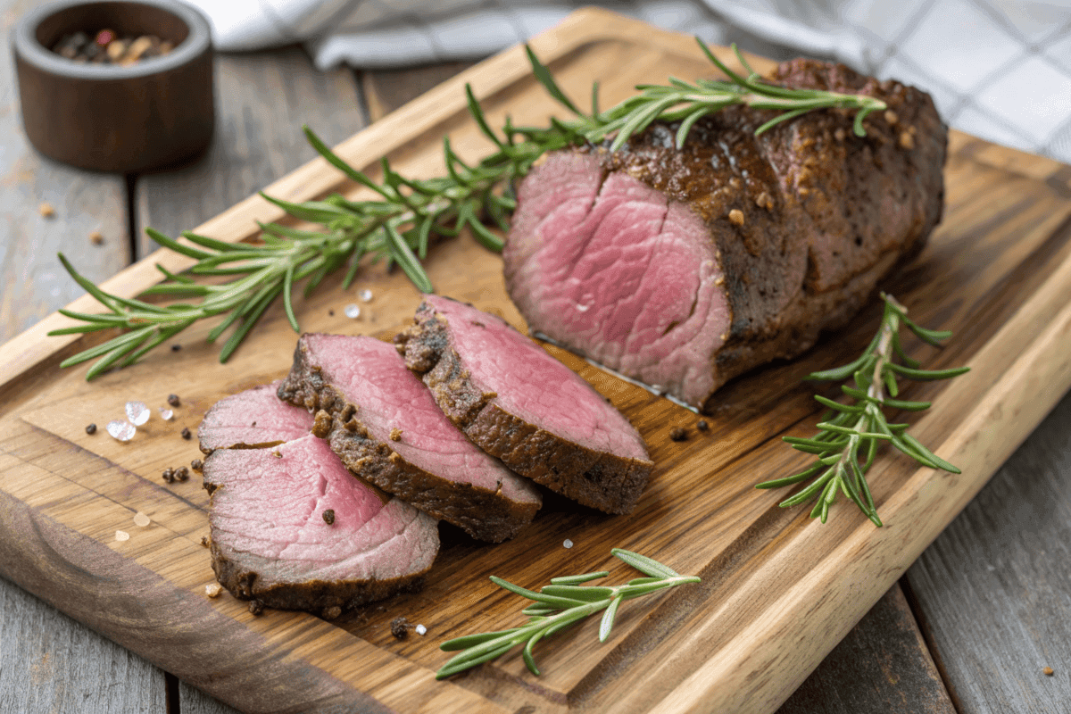 Cooked venison backstrap served on a rustic plate with herbs