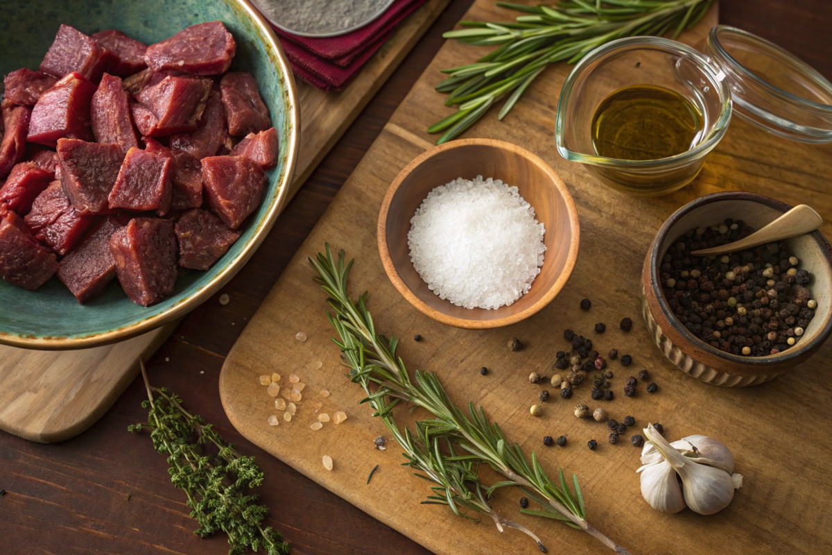 Venison cuts being smoked on a traditional smoker, with thick cuts resting on the grates and wisps of aromatic smoke swirling, surrounded by wood chips in an outdoor cooking setting.