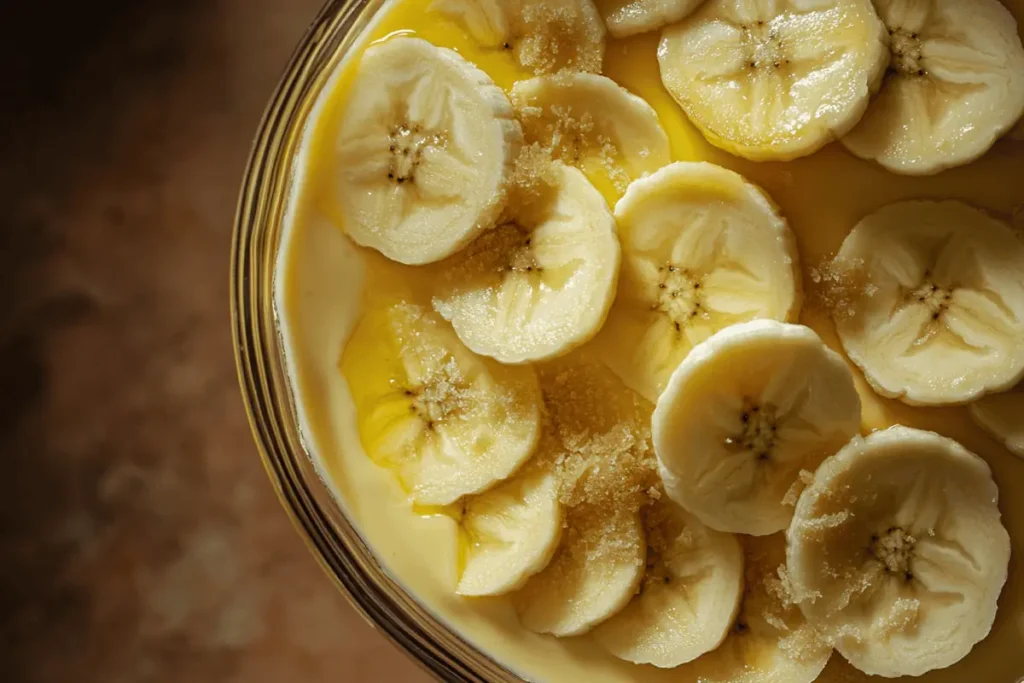 A close-up of banana pudding highlighting what keeps bananas from turning brown in banana pudding.