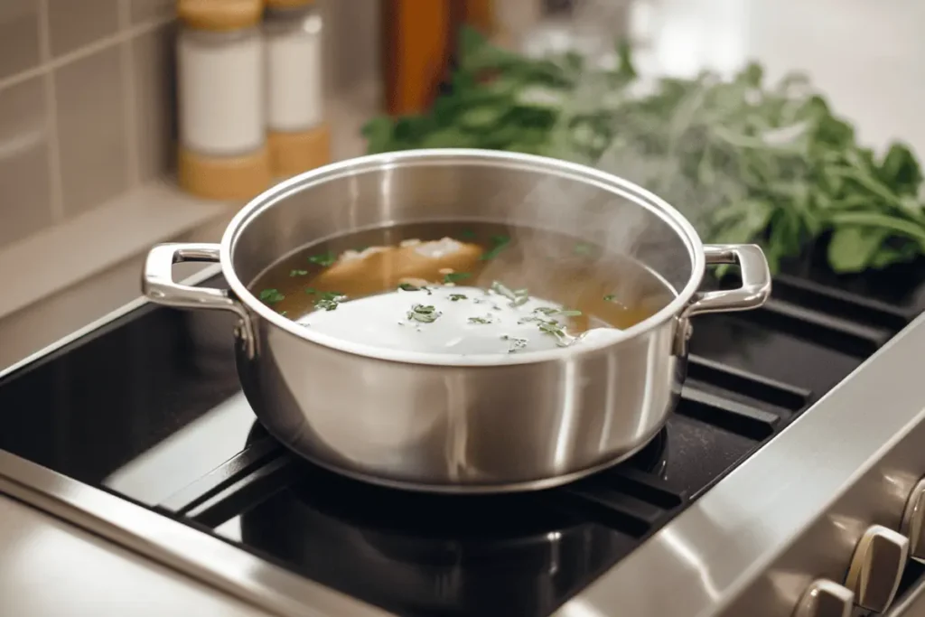 sodium reduced chicken broth simmering in a pot