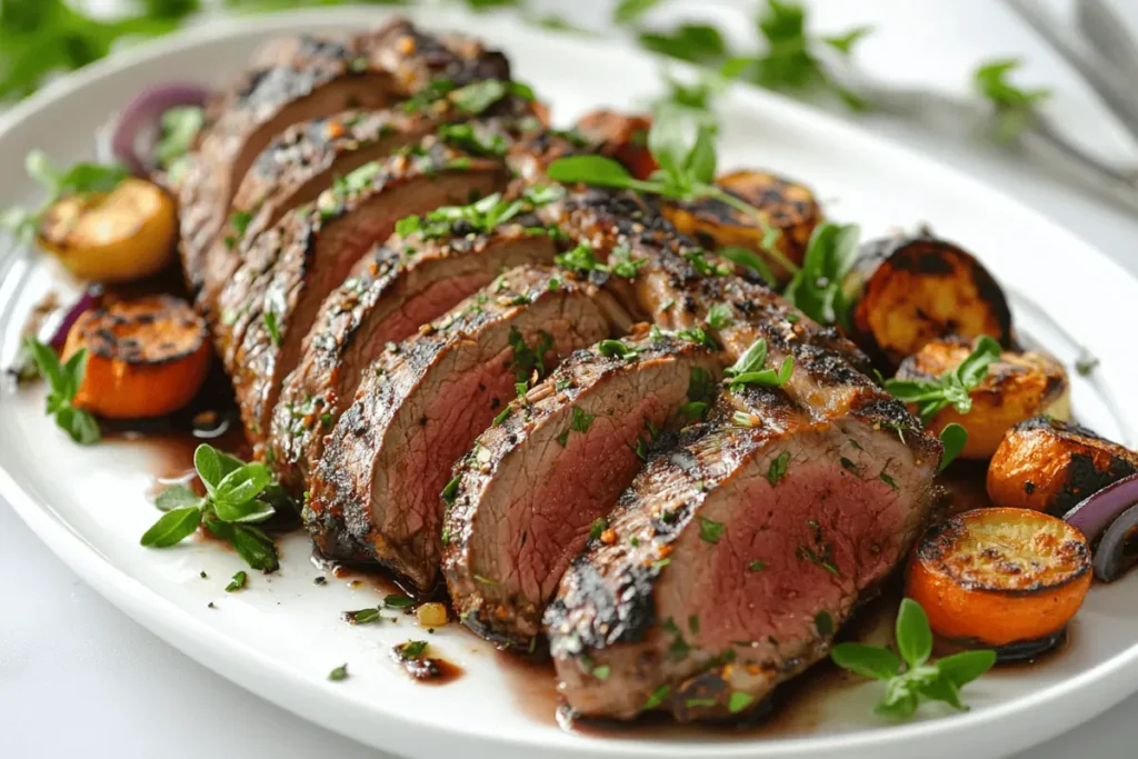 Grilled deer backstrap with roasted vegetables