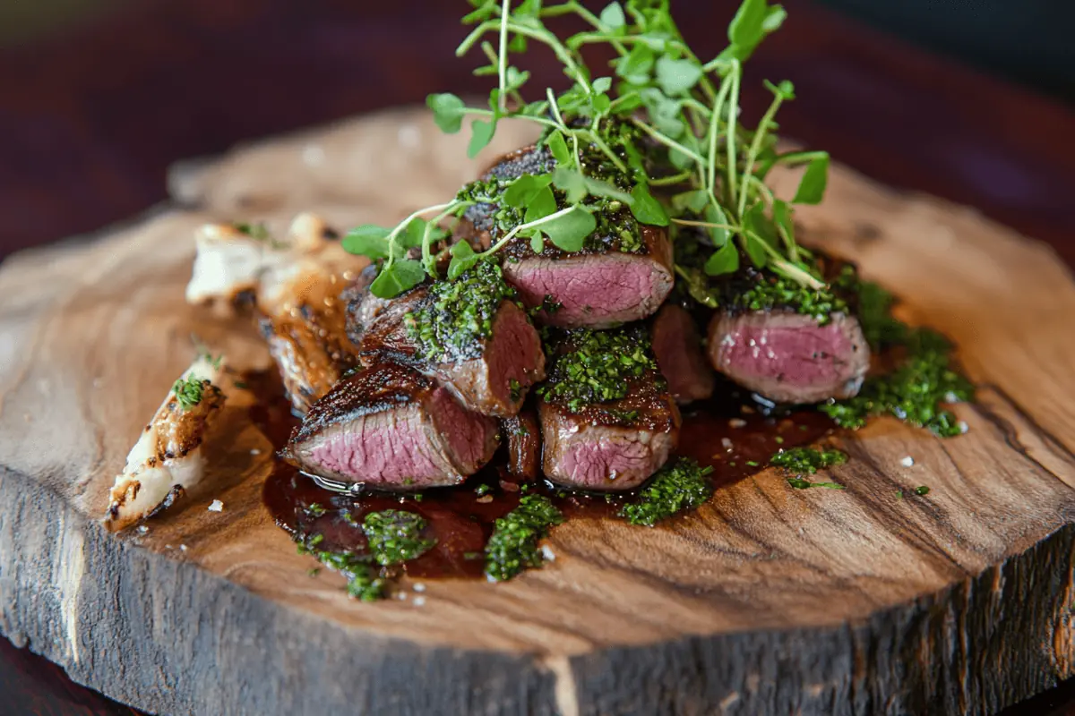 Grilled venison backstrap with herbs on a wooden board