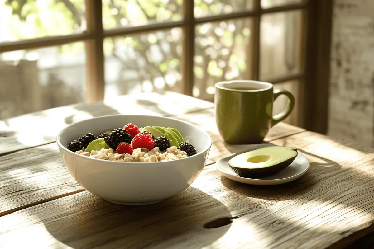 A heart-healthy breakfast of oats, berries, and avocado showing what cardiologists eat for breakfast