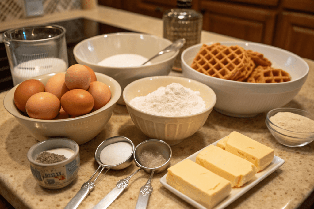 Ingredients for pancake and waffle batter on a kitchen counter