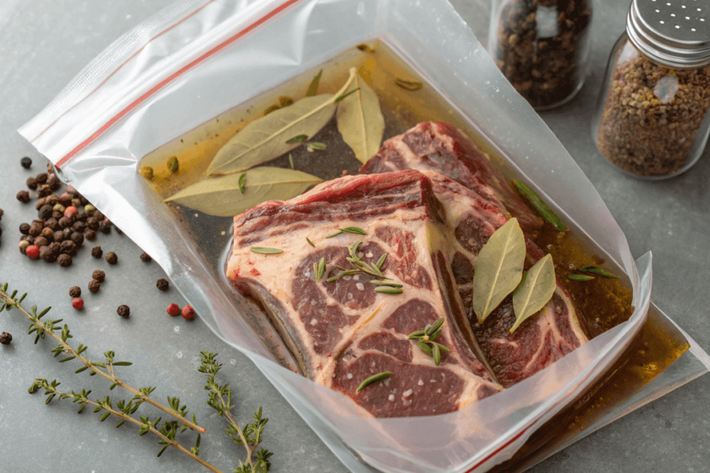 How long should I brine meat for : Beef rib chops being brined in a ziplock bag with spices