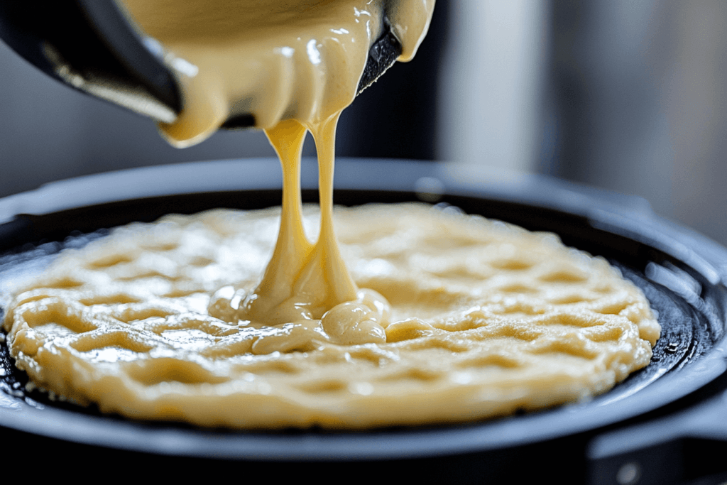 Can you put pancake mix in a waffle maker? Close-up of pancake mix being poured into a waffle maker