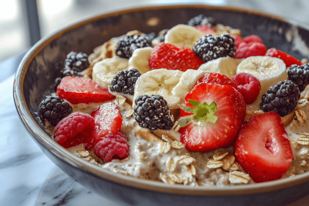 Gluten-free oat waffles topped with fresh fruits