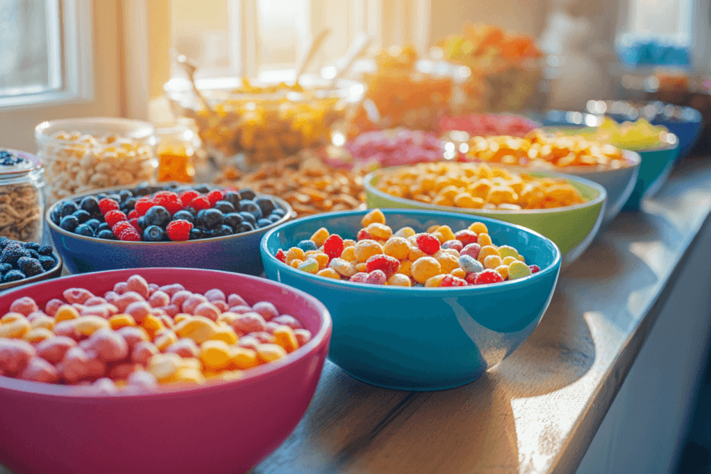 What is the sweetest breakfast? A variety of sugary breakfast cereals in colorful bowls