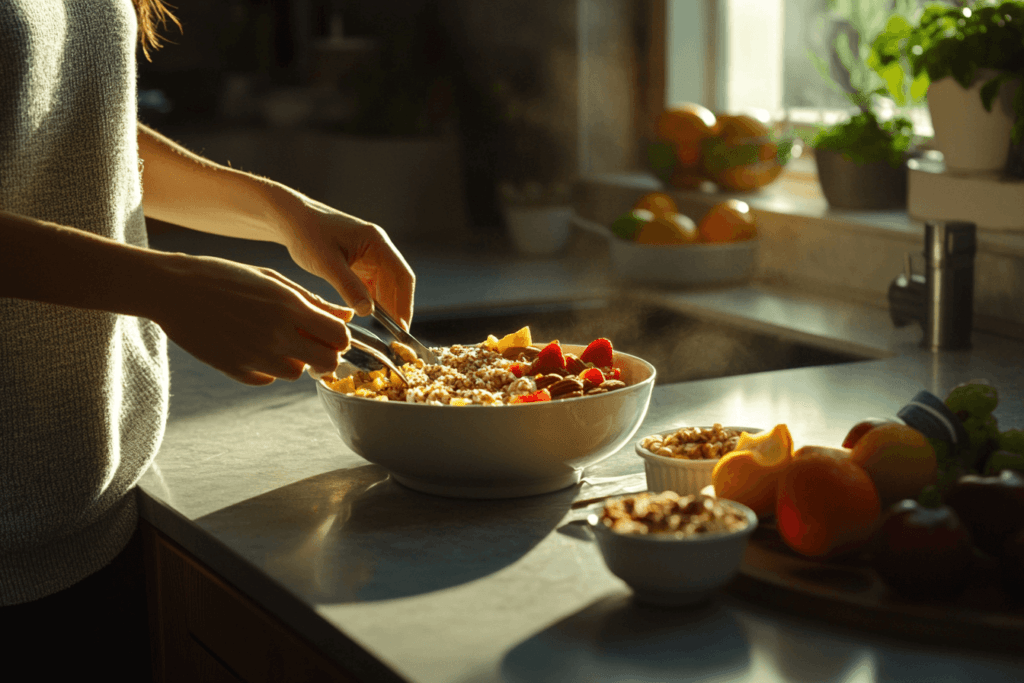 Is sweet breakfast healthy? Person preparing a healthy sweet breakfast with fruits and whole grains.