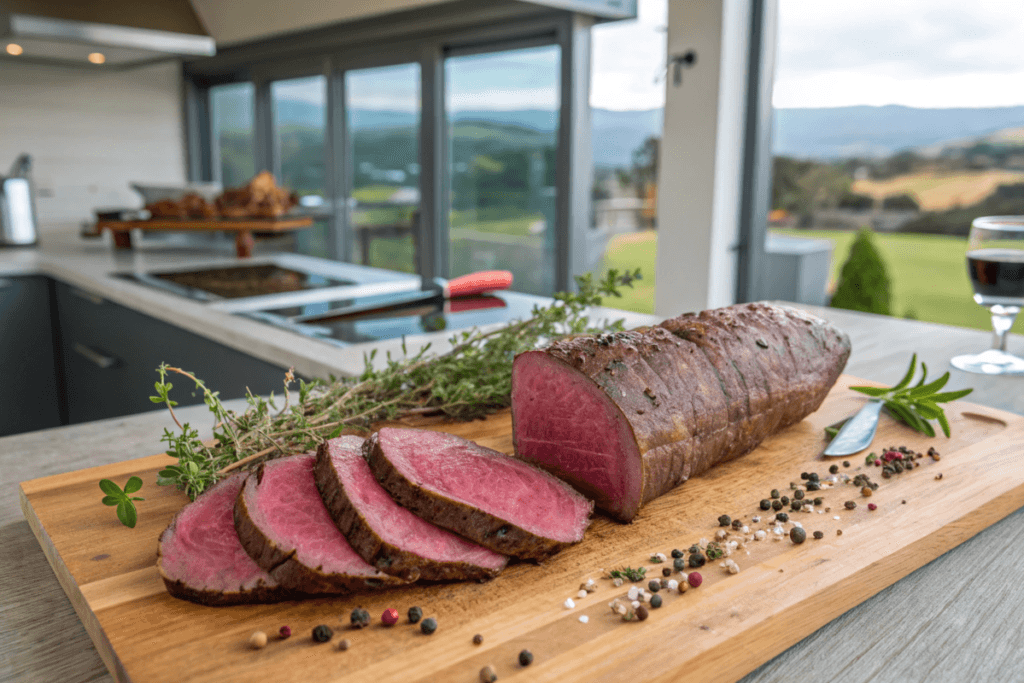 Sliced venison backstrap on a wooden cutting board with herbs