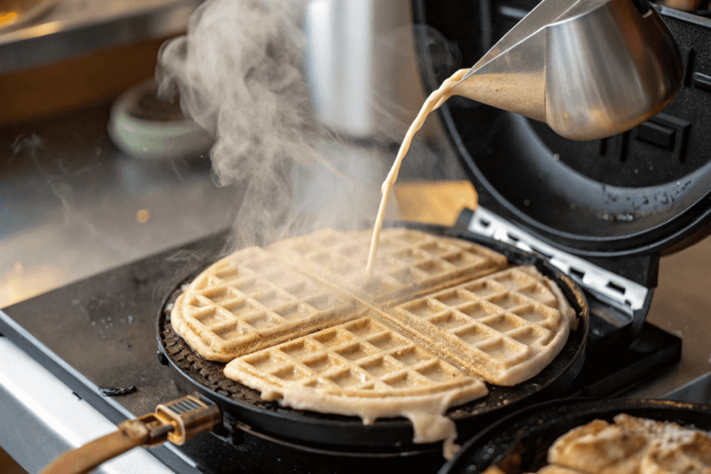 Quick and Easy Waffle Recipes : Pouring waffle batter into a preheated waffle iron