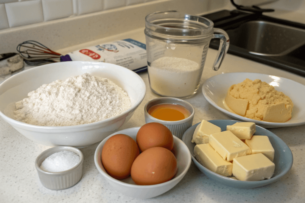 What is the Secret to Making Good Waffles? Ingredients for making waffles arranged on a kitchen counter