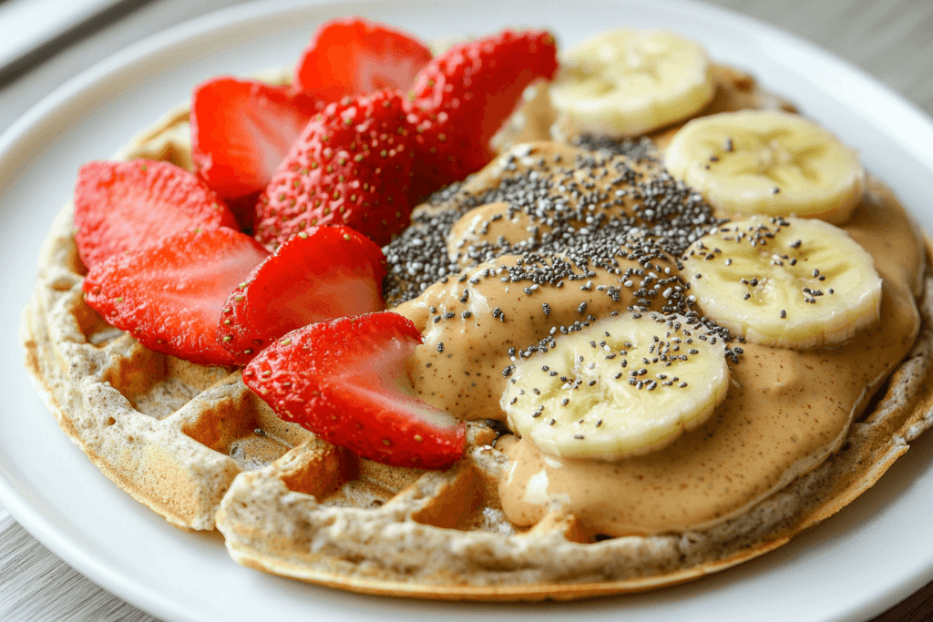 Oat waffles with almond butter and fresh fruit