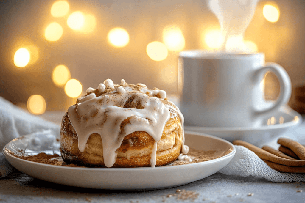 A cinnamon roll with icing and coffee