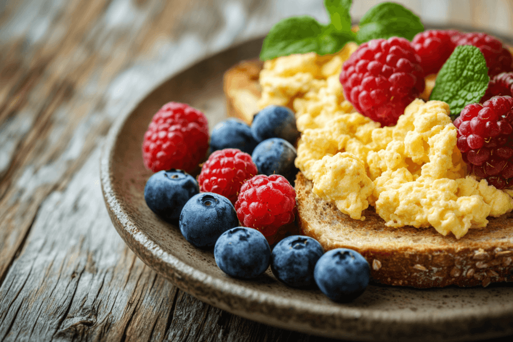 Is sweet breakfast healthy? Close-up of a balanced breakfast plate with eggs, whole-grain toast, and berries.