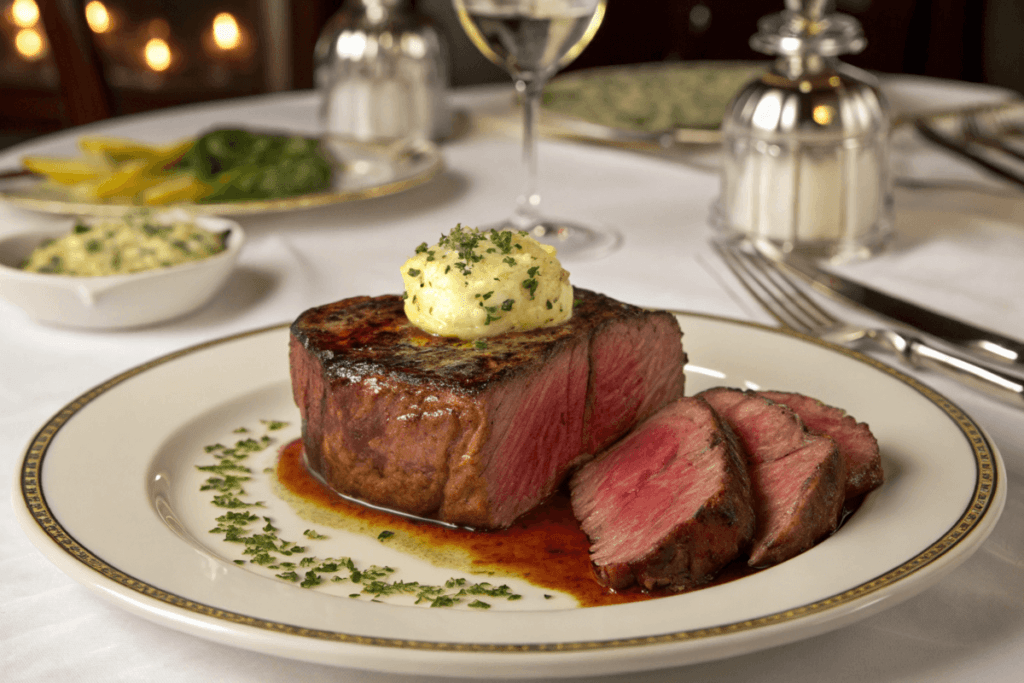 Sliced filet mignon steak on a serving plate with herb butter